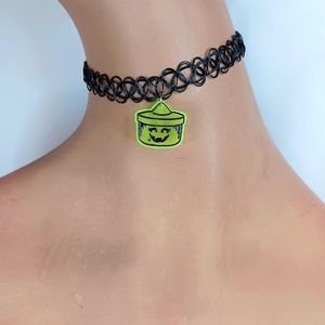 Black Tattoo Choker Necklace with Green Witch Boo Bucket Charm.